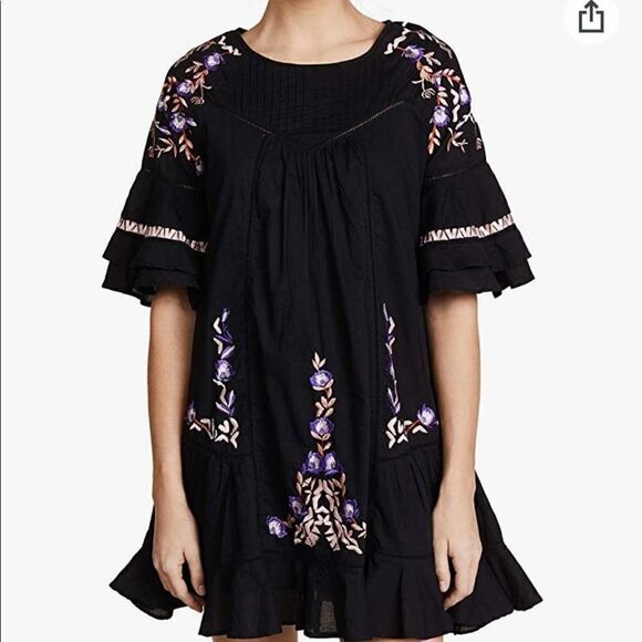 Free People Black Floral Embroidered Pavlo Mini Shift Dress XS 0 - Picture 8 of 13